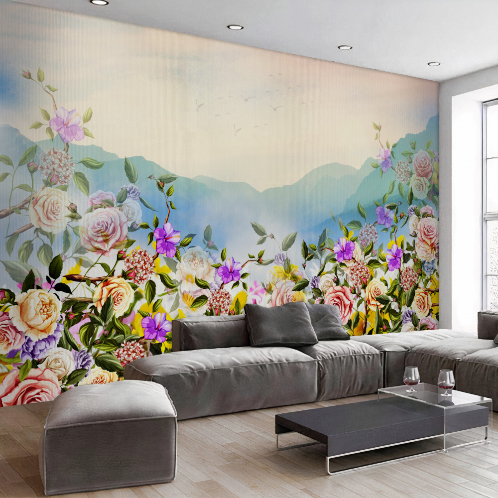 Fototapeta różne kwiaty na trawniku