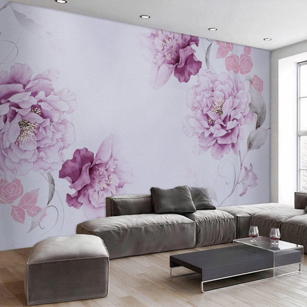 Fototapeta duże liliowe kwiaty na szarym tle