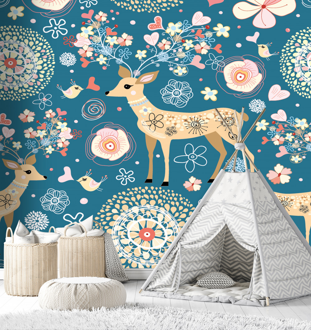 Fototapeta jelenie i ptaki w kwiatach