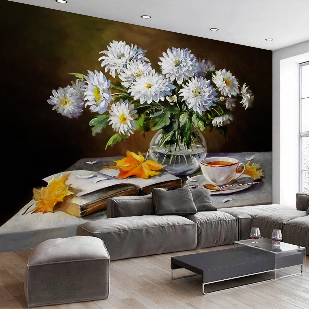 Fototapeta chryzantemy na stole z farbą