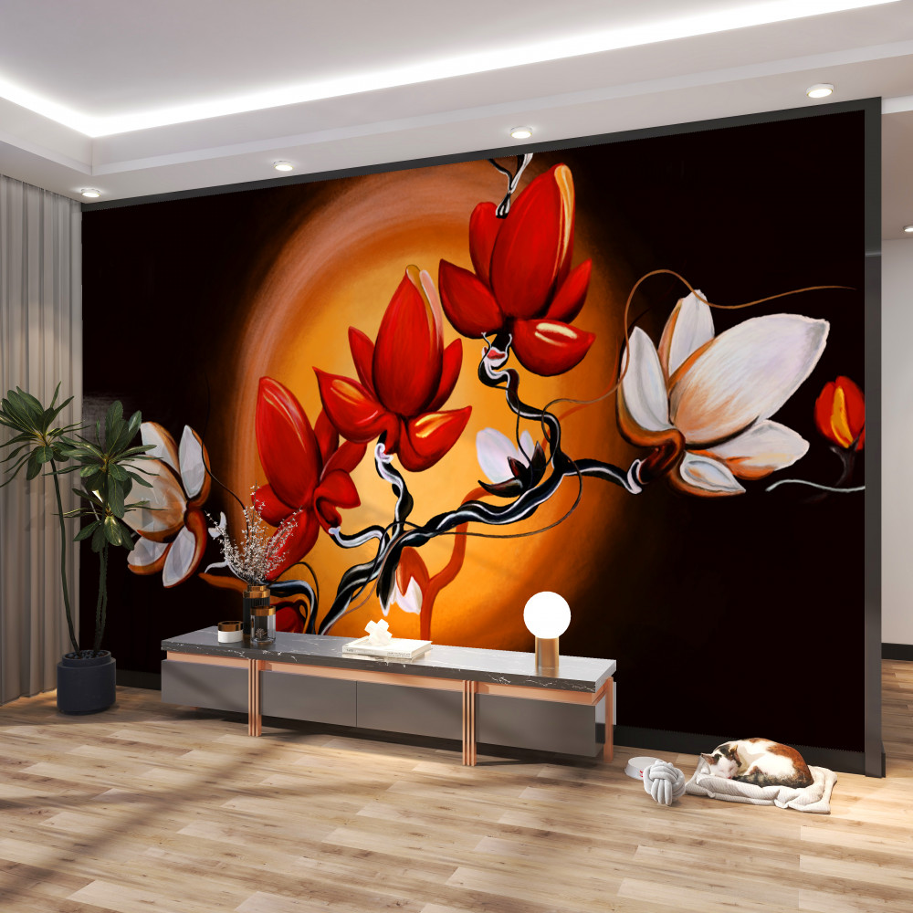 Fototapeta biała i czerwona ramka magnolii