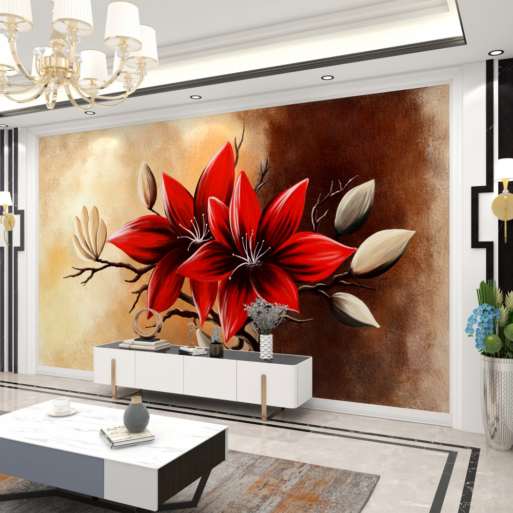 Fototapeta czerwone kwiaty na brązowym tle