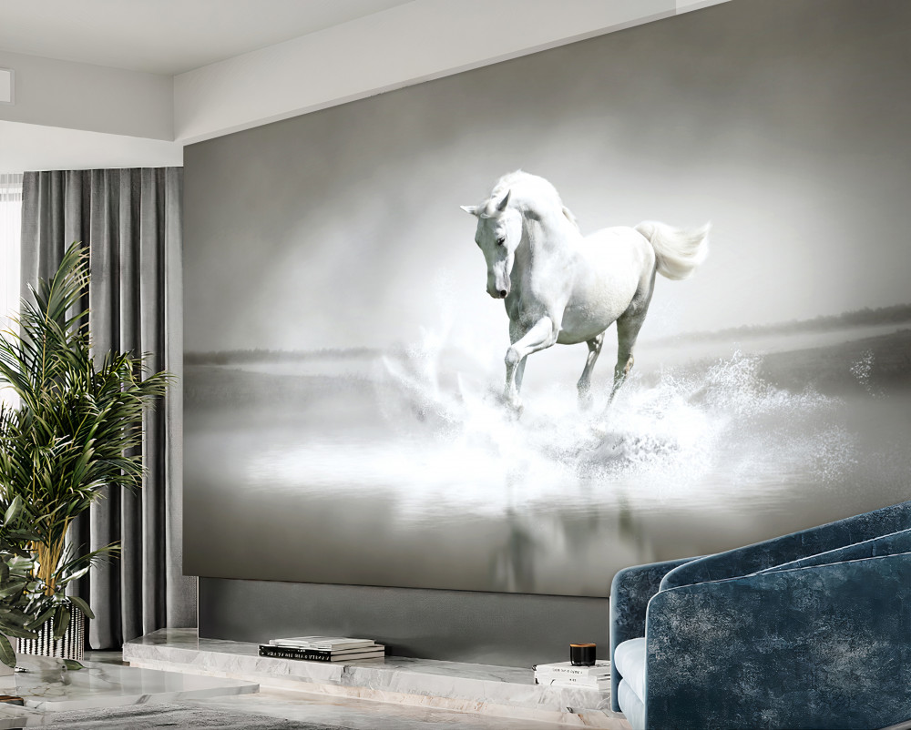 Fototapeta potężny tupot białego konia po wodzie