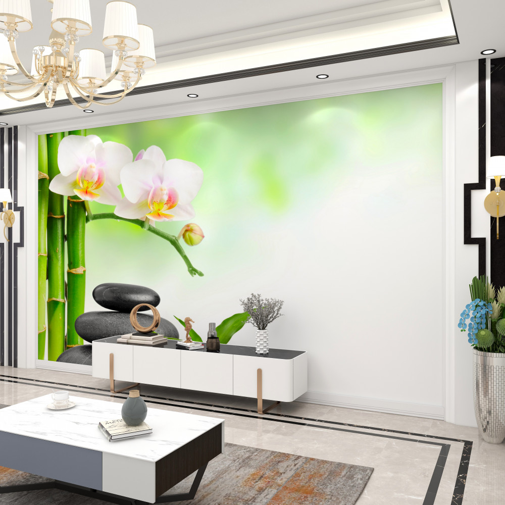 Fototapeta kamienie bambusowe i biała orchidea