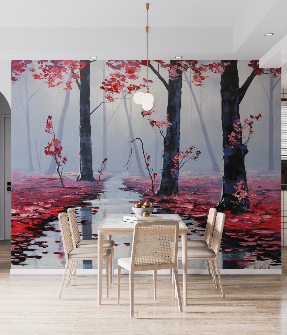 Fototapeta krajobraz z jesiennymi liśćmi na wodzie