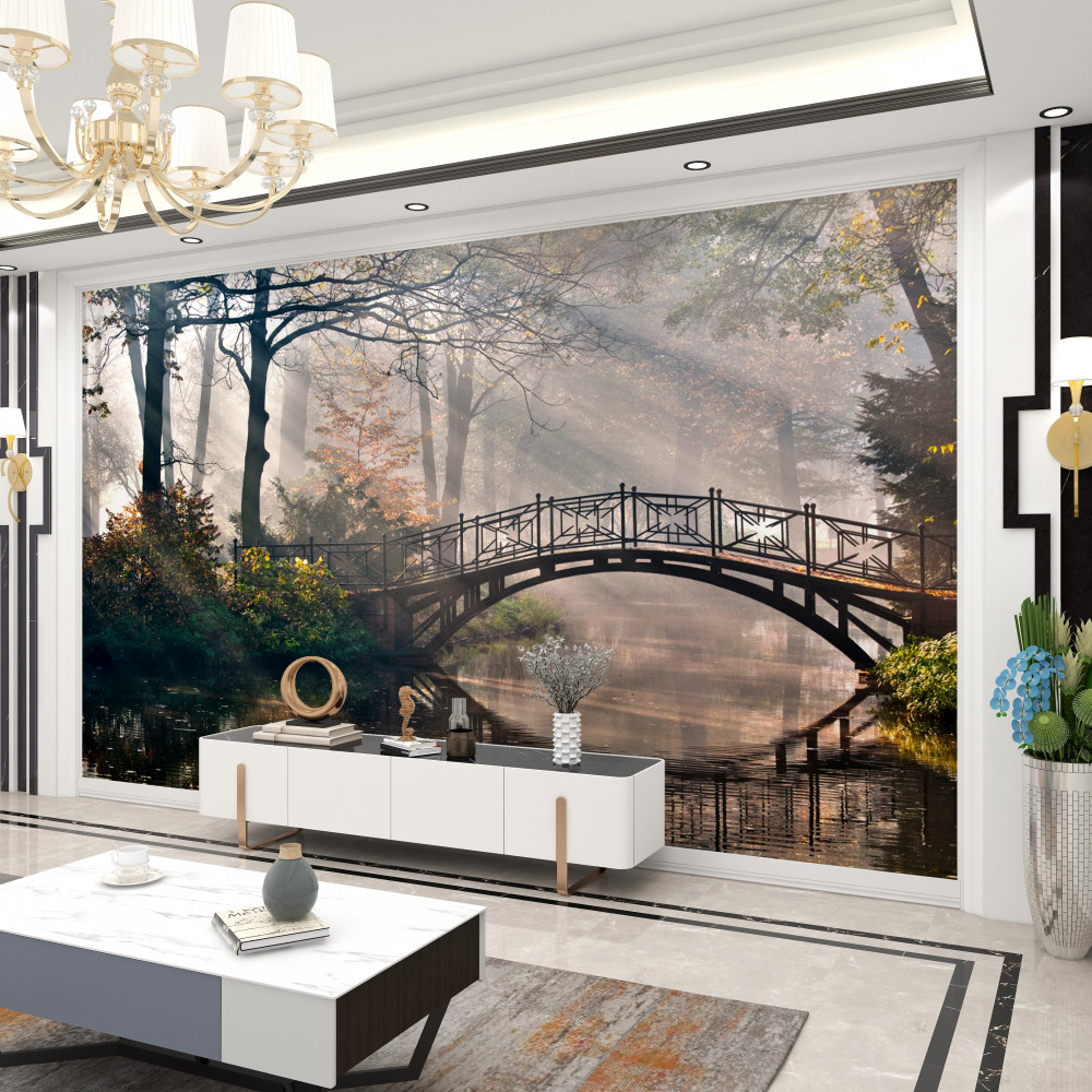 Fototapeta drewniany most nad jeziorem w mglistym lesie