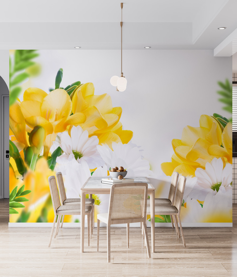 Fototapeta żółta frezja i białe stokrotki