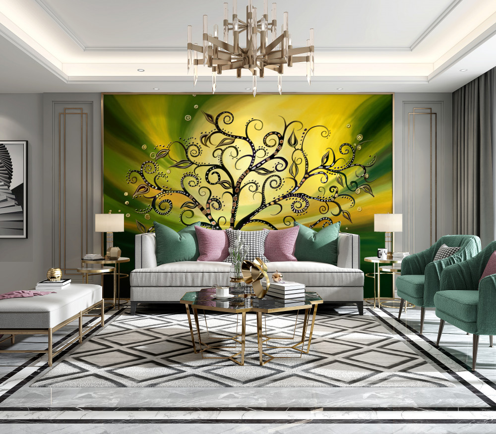 Fototapeta wzorzyste drzewo na zielonym tle zachodu słońca