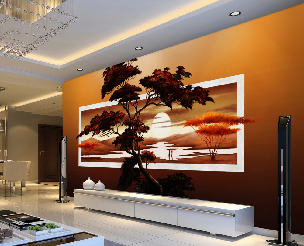 Fototapeta wysokie, bujne drzewo na tle jasnego zachodu słońca