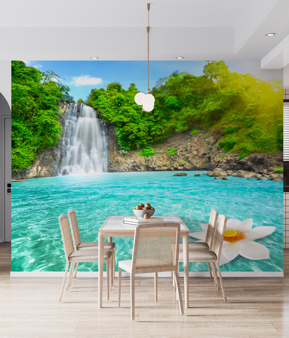 Fototapeta górski wodospad i lazurowe jezioro