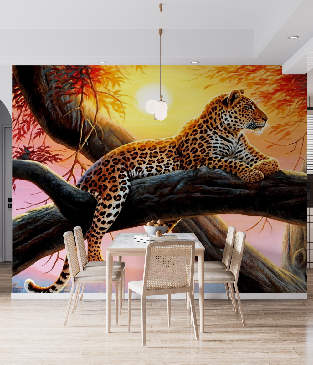 Fototapeta lampart odpoczywa o zachodzie słońca