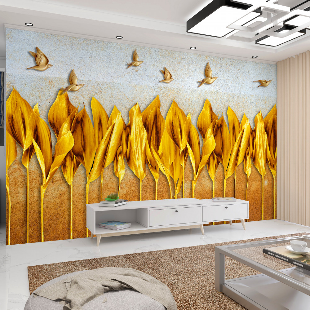 Fototapeta ptaki latają nad złotym jesiennym lasem