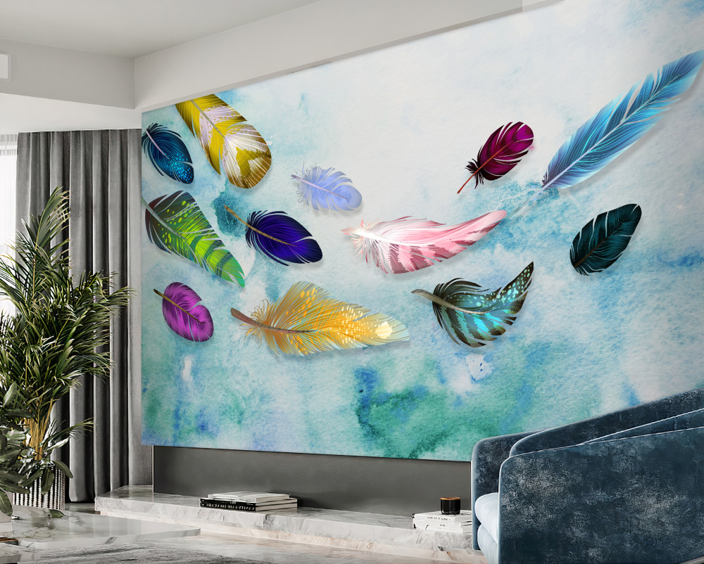 Fototapeta latające pióra o różnych kształtach i kolorach