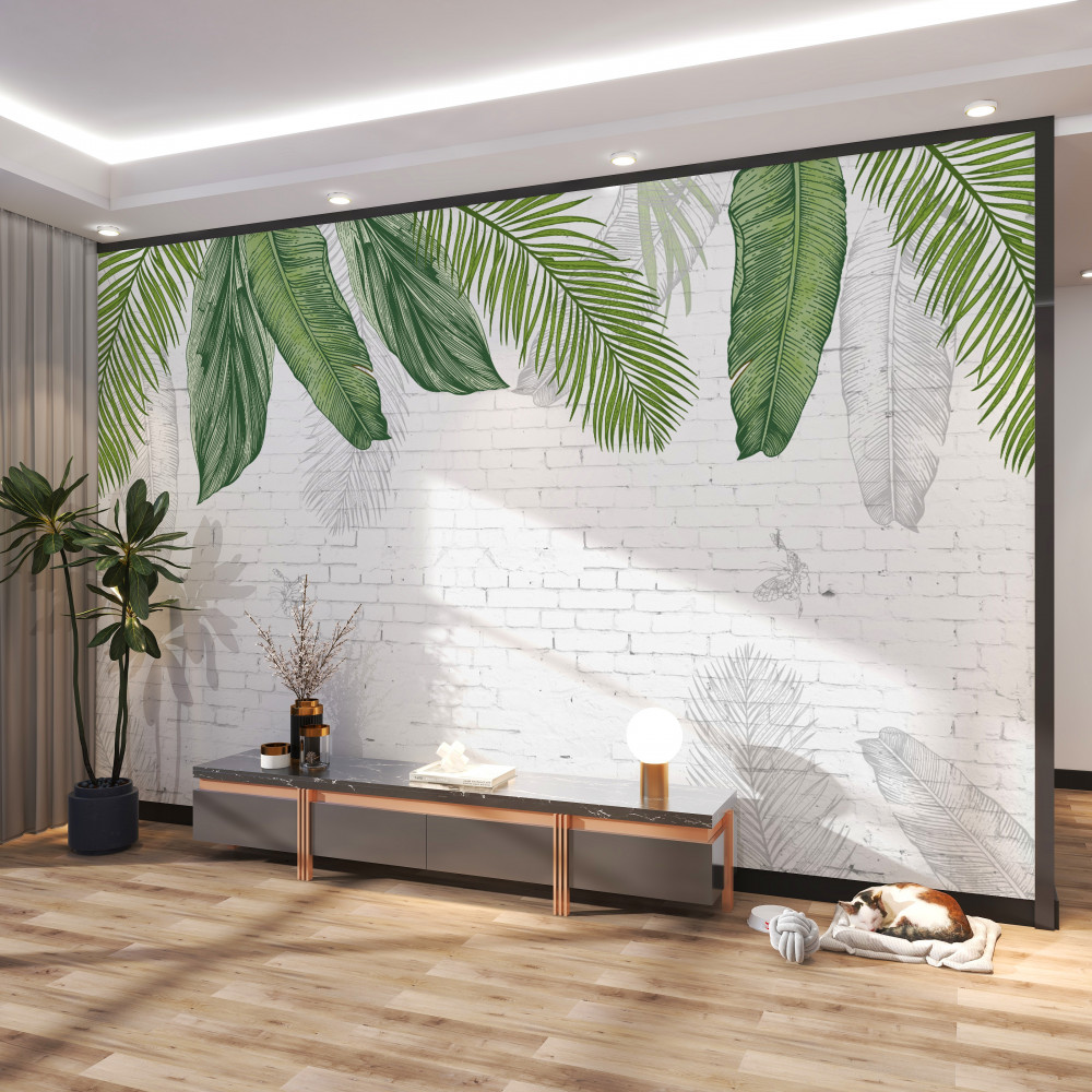 Fototapeta zielone liście na cegle