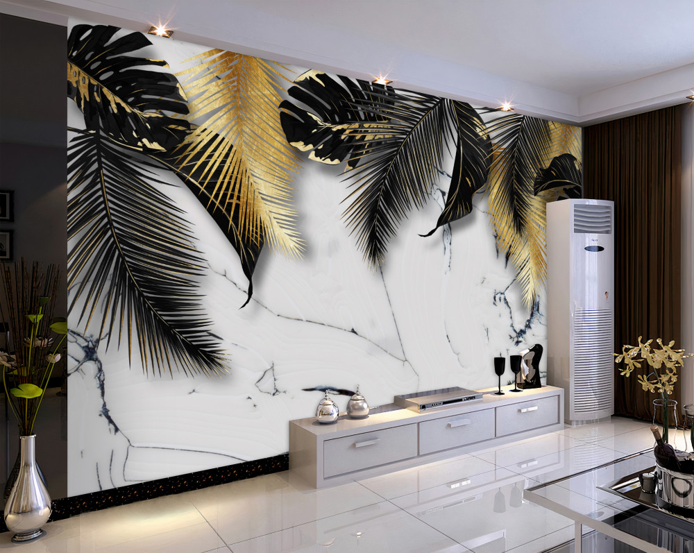 Fototapeta czarne liście i brąz na marmurze