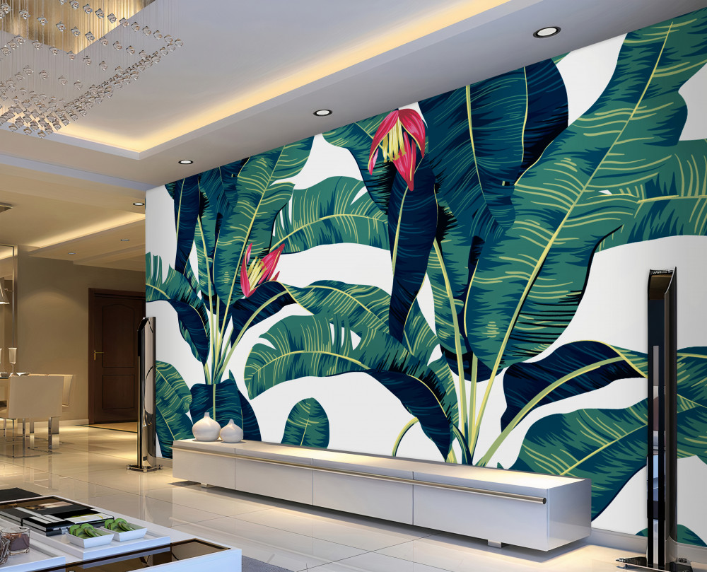 Fototapeta zielone tropikalne liście z kwiatami