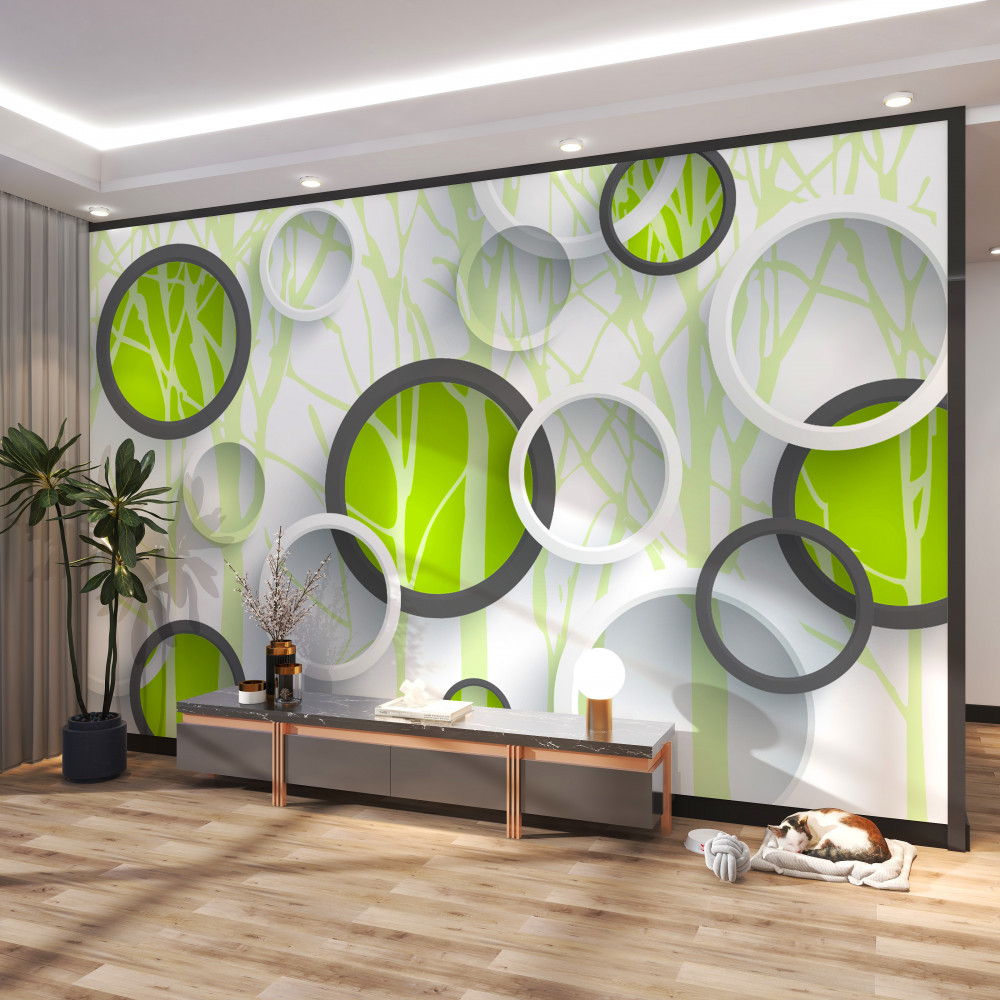 Fototapeta zielone kółka z wstawkami na tle lasu