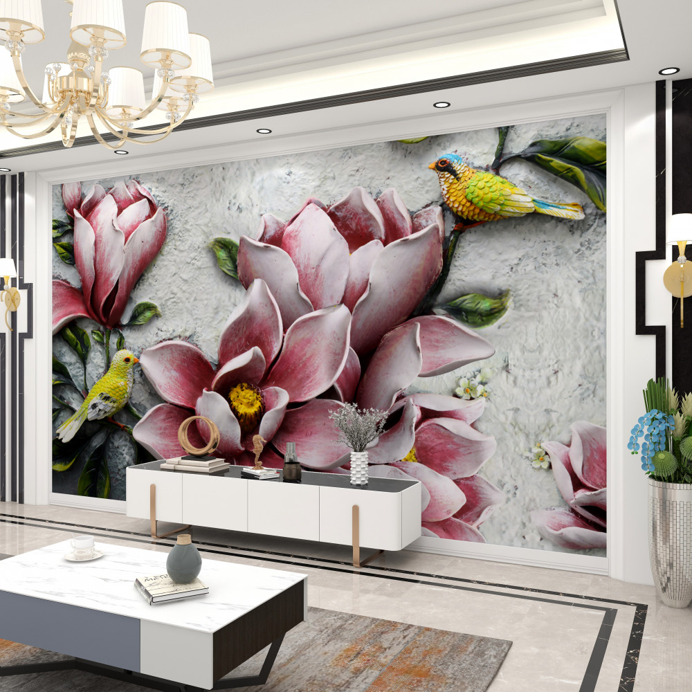 Fototapeta czerwony i biały lotos oraz żółte ptaki