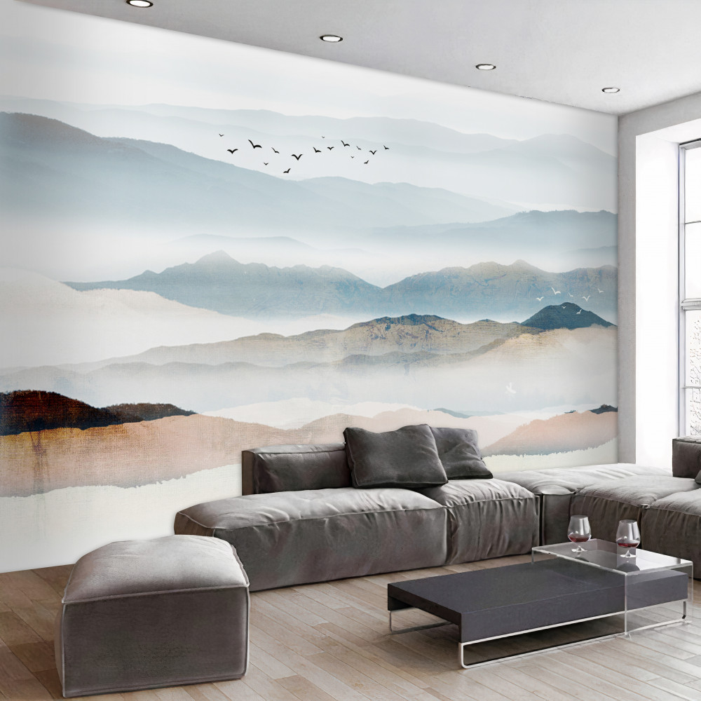 Fototapeta ptaki nad porannym mglistym lasem