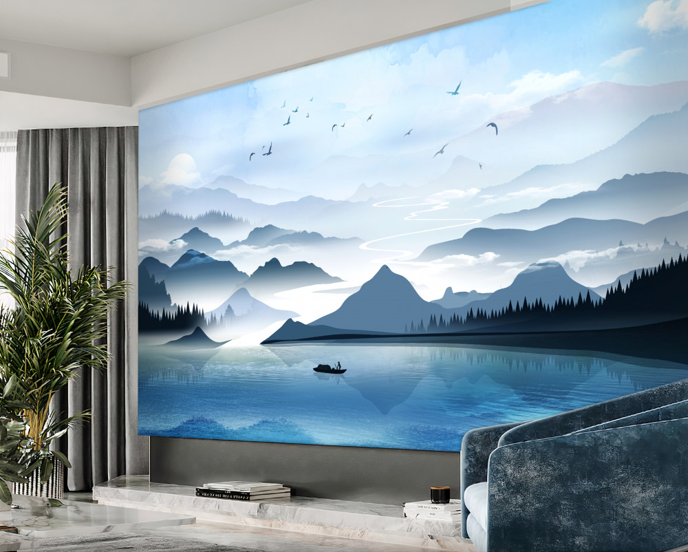 Fototapeta samotny rybak na jeziorze o świcie