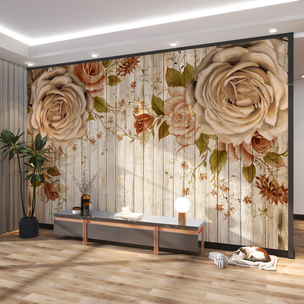 Fototapeta miękkie kremowe róże na białym parkiecie