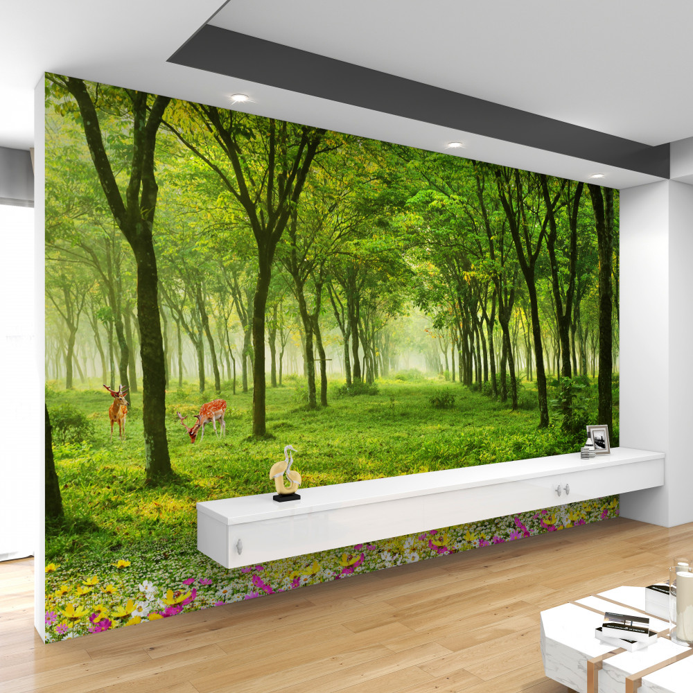 Fototapeta piękny zielony krajobraz leśny z jeleniami