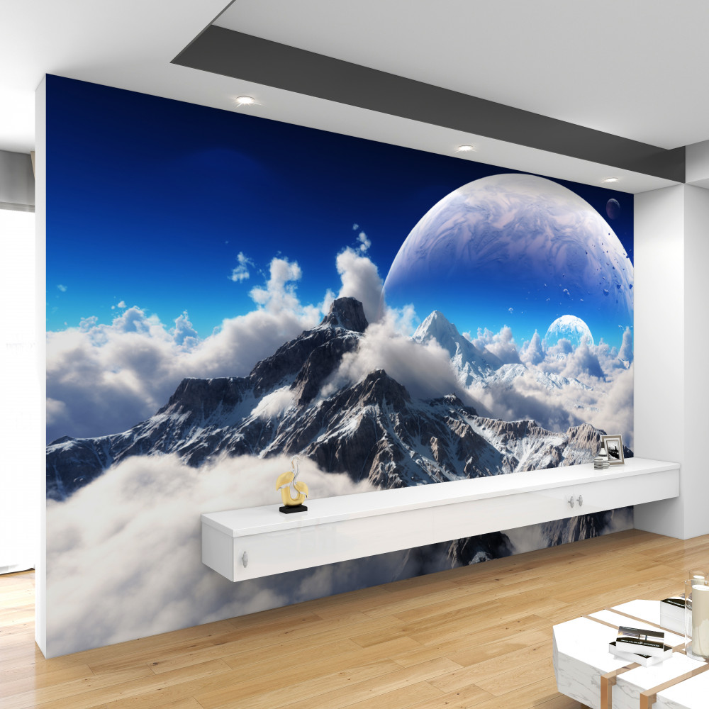 Fototapeta kosmiczne niebo nad górami w chmurach