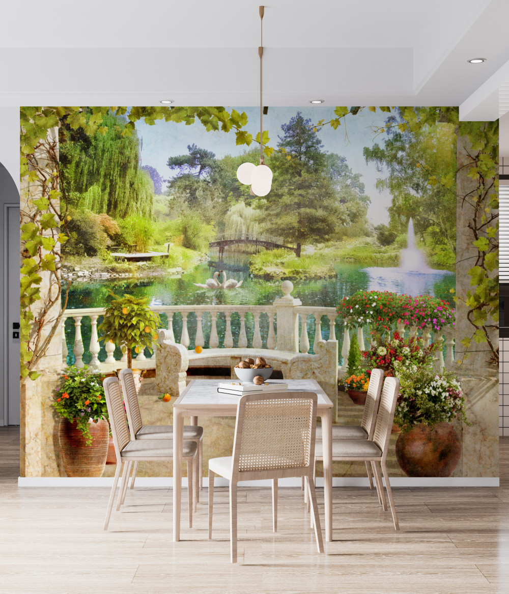 Fototapeta taras i łabędzie nad jeziorem