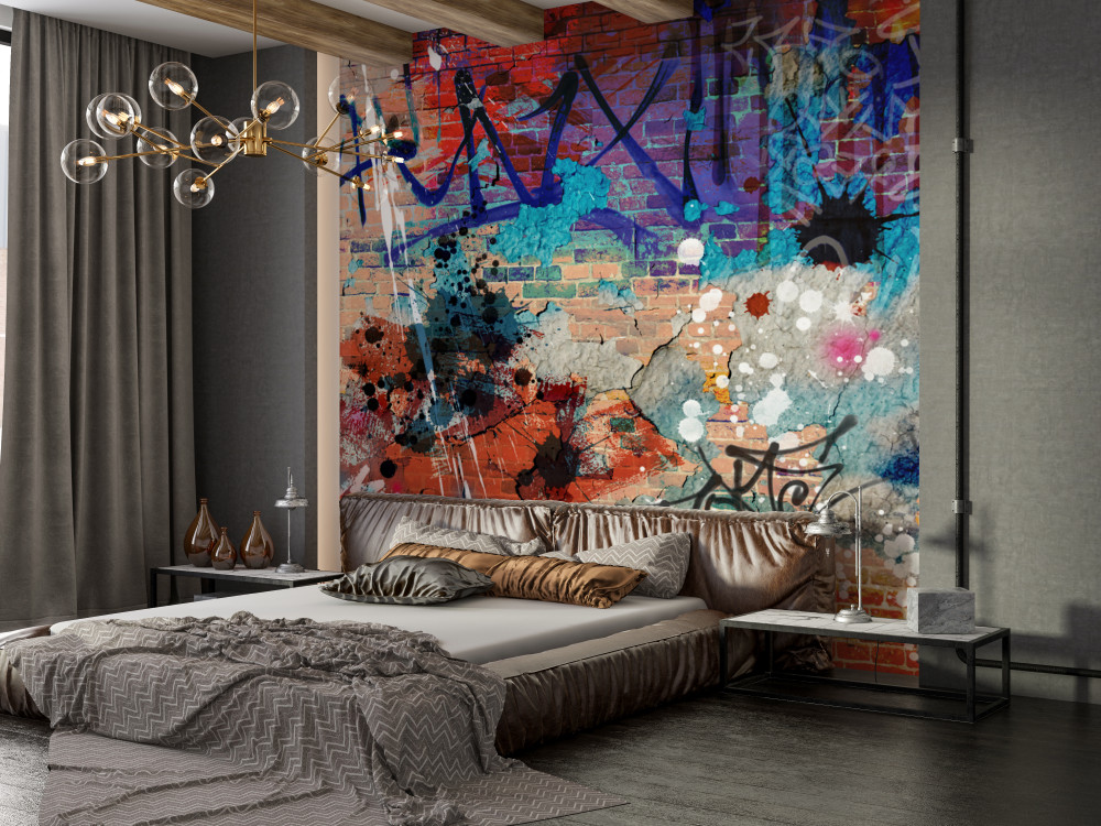 Fototapeta wielokolorowe graffiti na czerwonej cegle