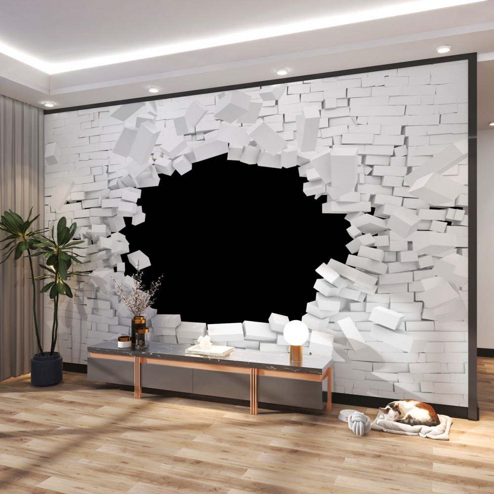 Fototapeta czarna dziura w białej ceglanej ścianie