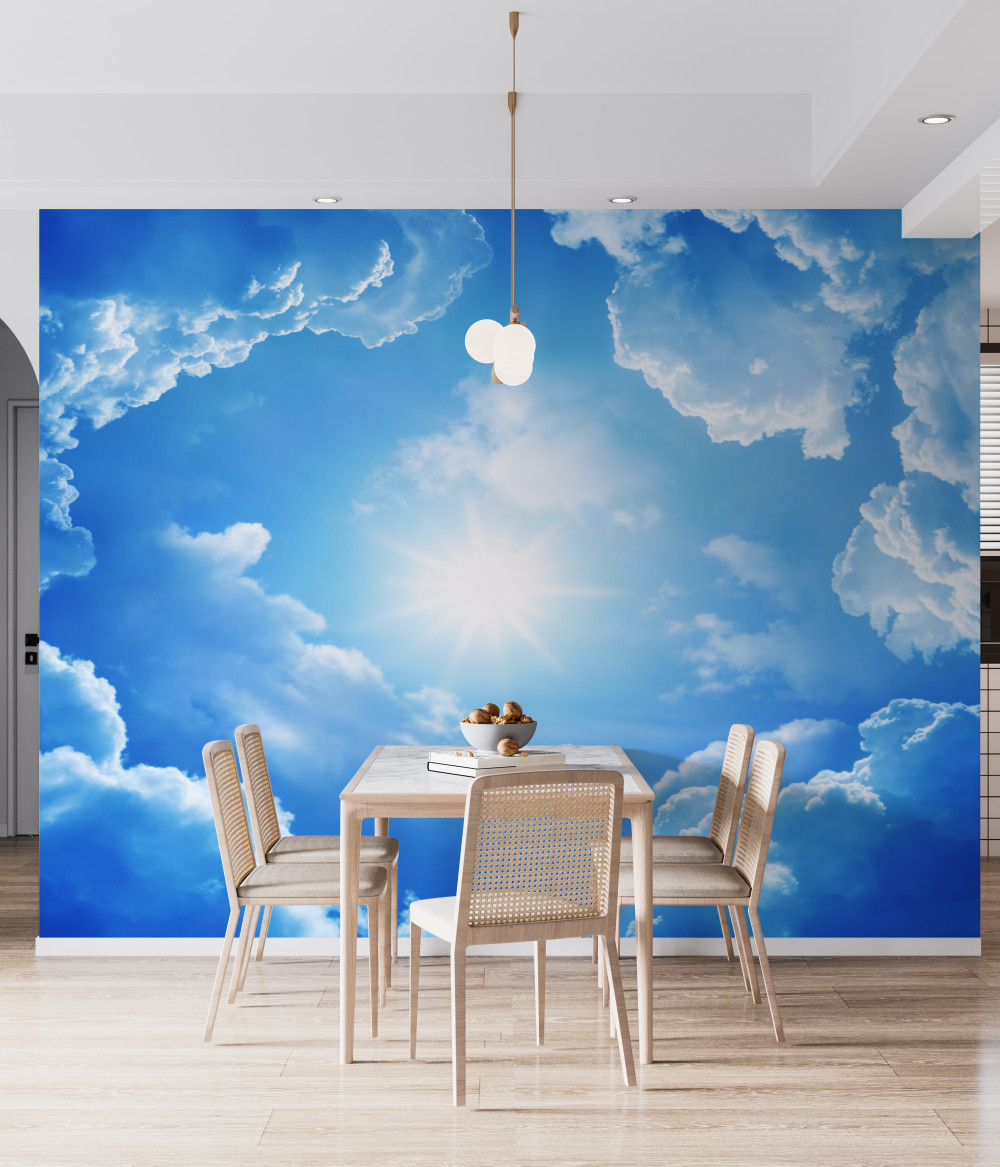 Fototapeta błękitne niebo z jasnym słońcem w zenicie