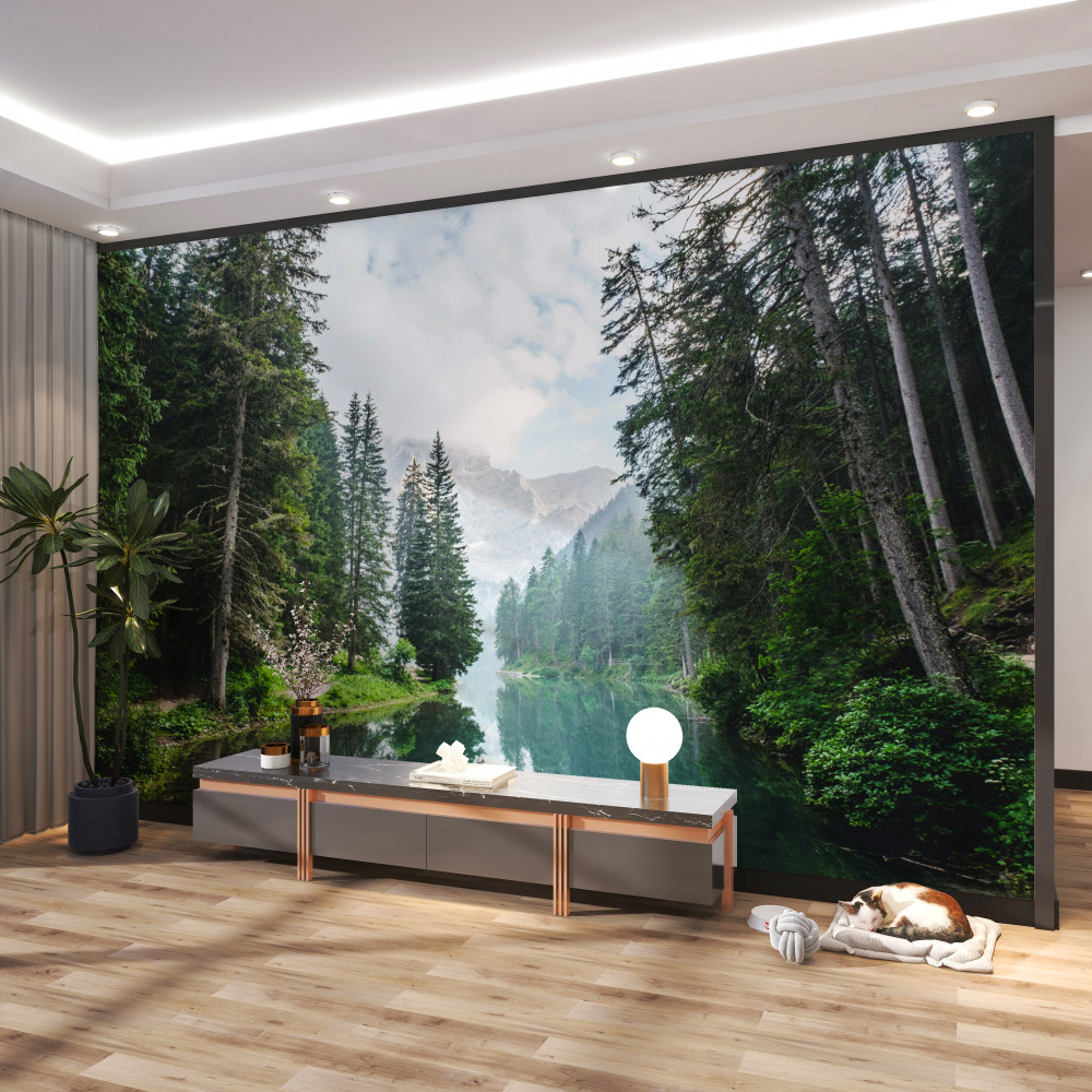 Fototapeta spokojne jezioro w lesie sosnowym