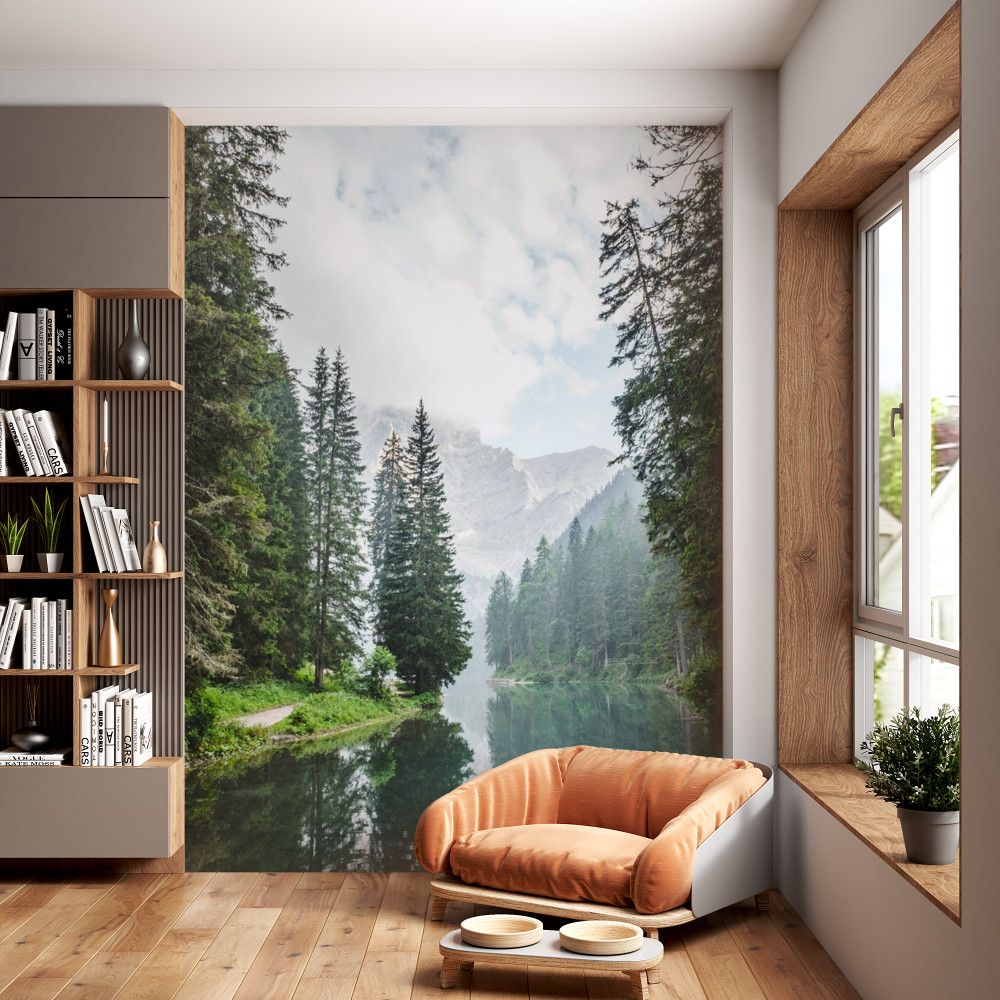 Fototapeta cicha górska rzeka we mgle