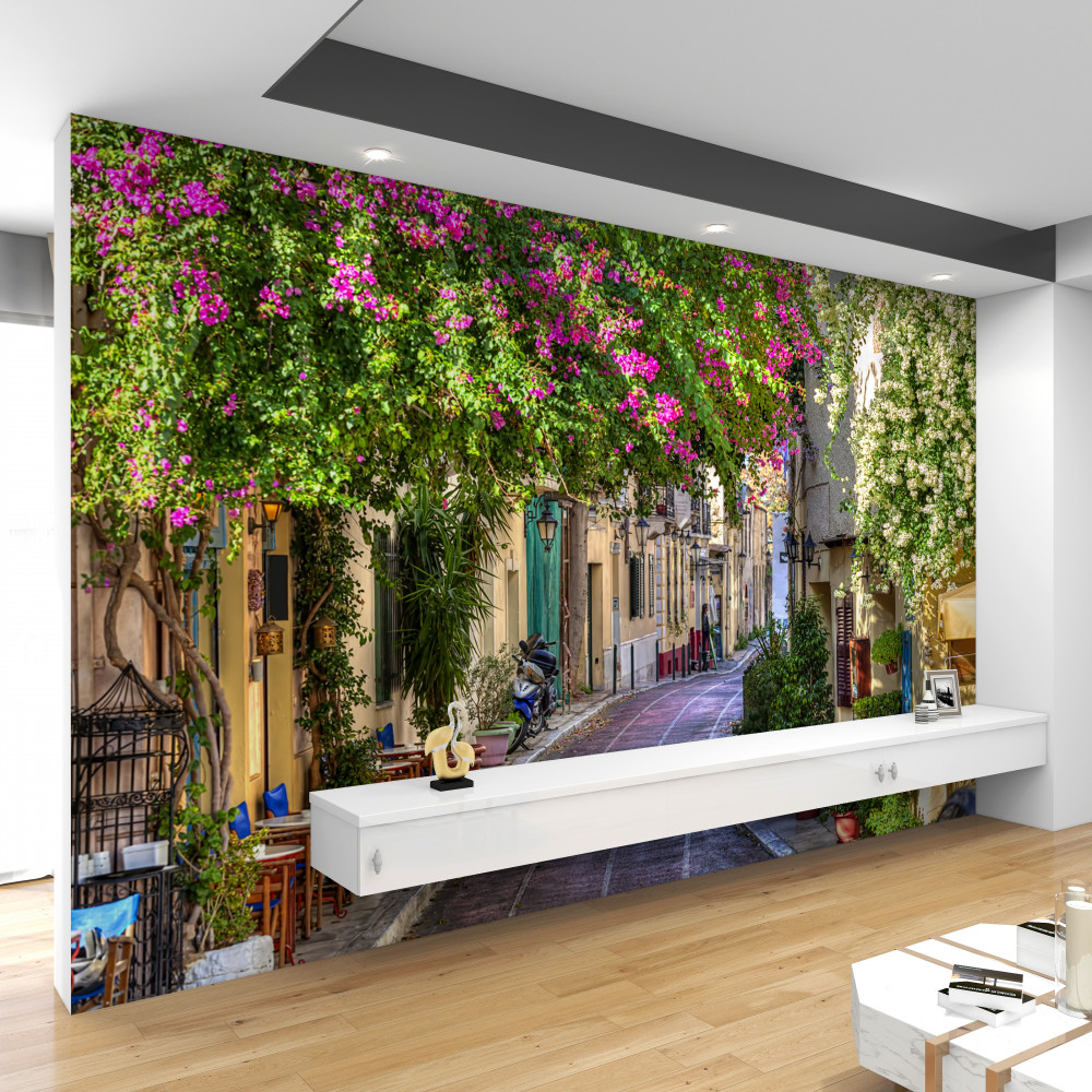 Fototapeta przytulna ulica usiana zielenią