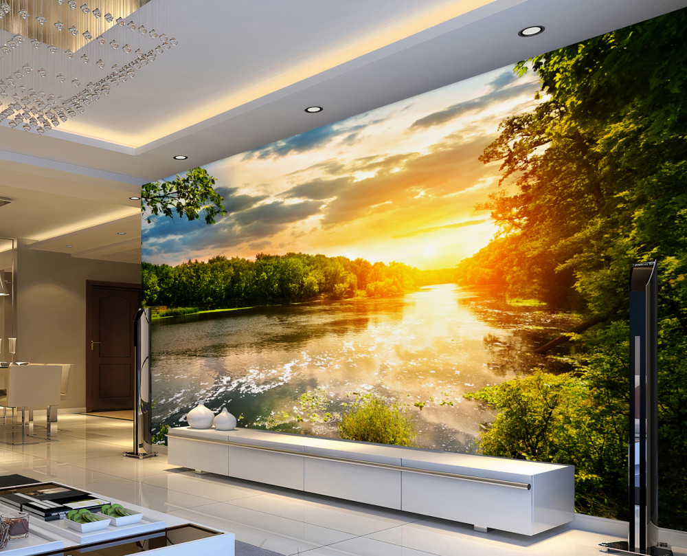 Fototapeta ciepły zachód słońca nad leśną rzeką