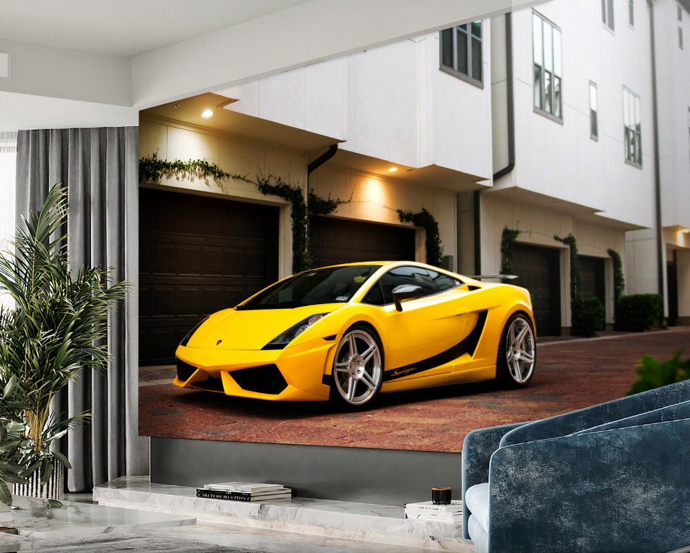 Fototapeta elegancki żółty samochód w pobliżu domu