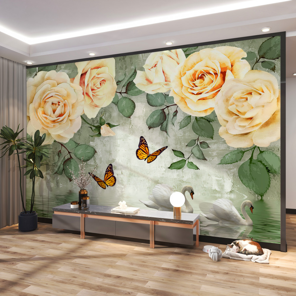 Fototapeta kremowe róże i motyle obok nich