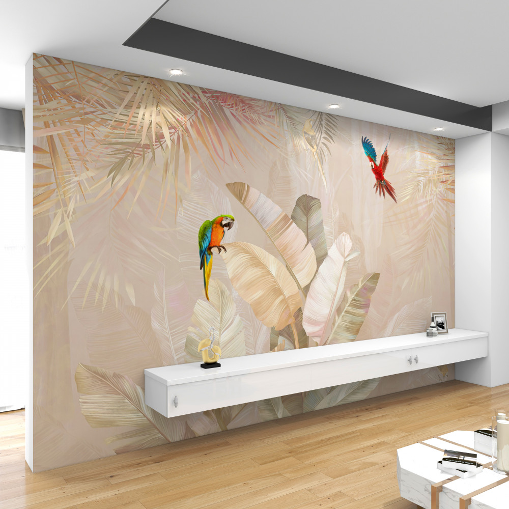 Fototapeta papugi na liściach lekkiej paproci