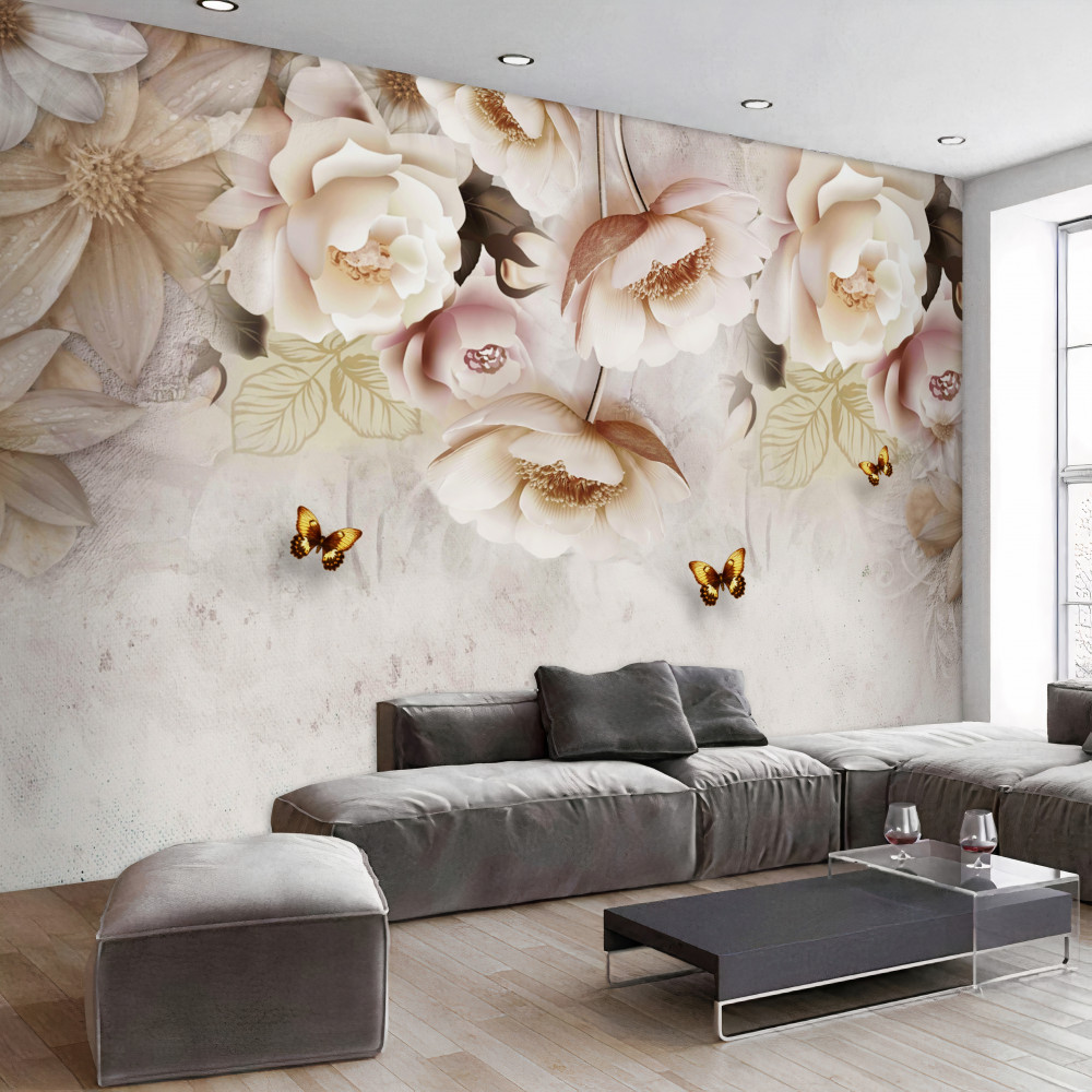 Fototapeta kremowe róże i motyle