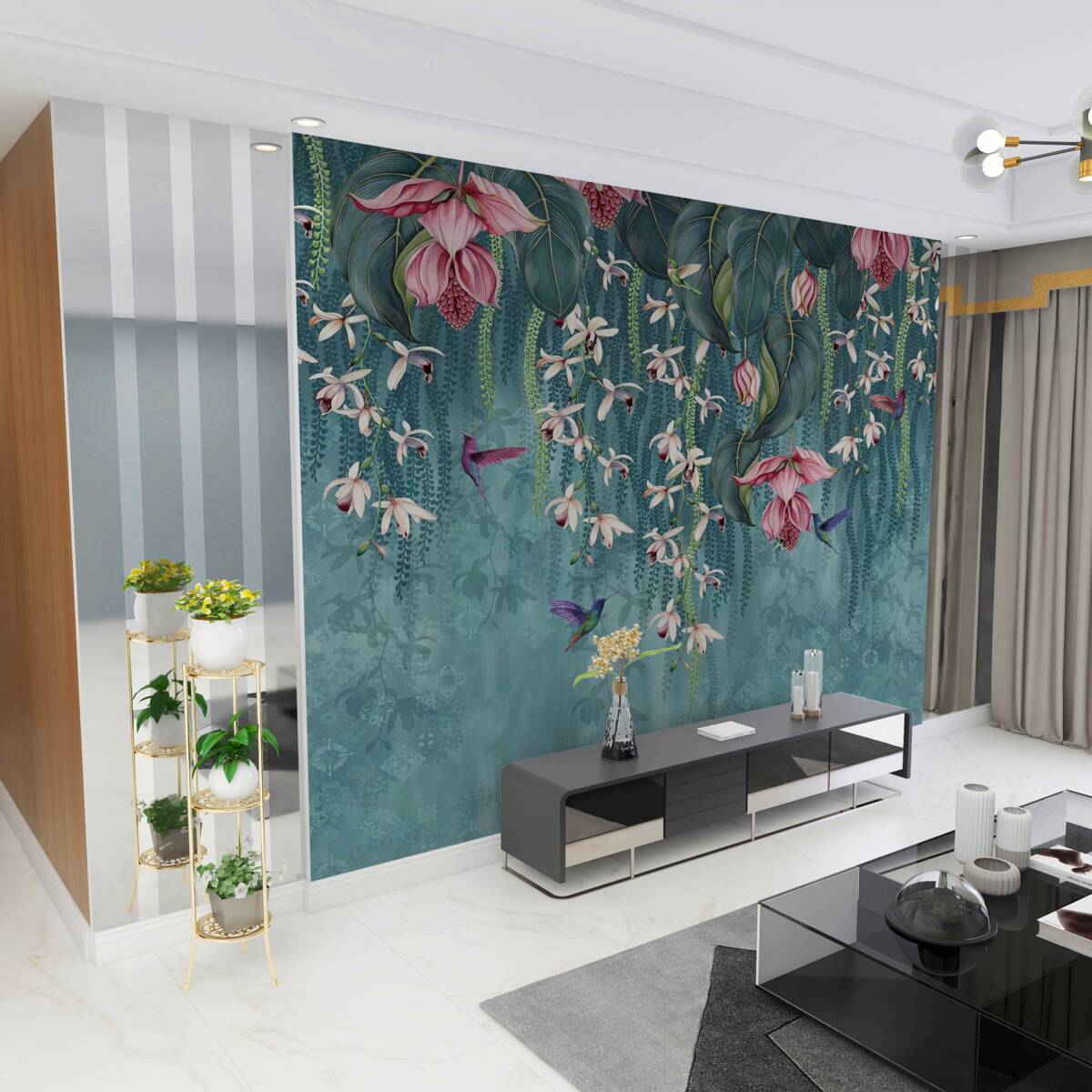 Fototapeta Wiszące kwiaty, zieleń i kolibry