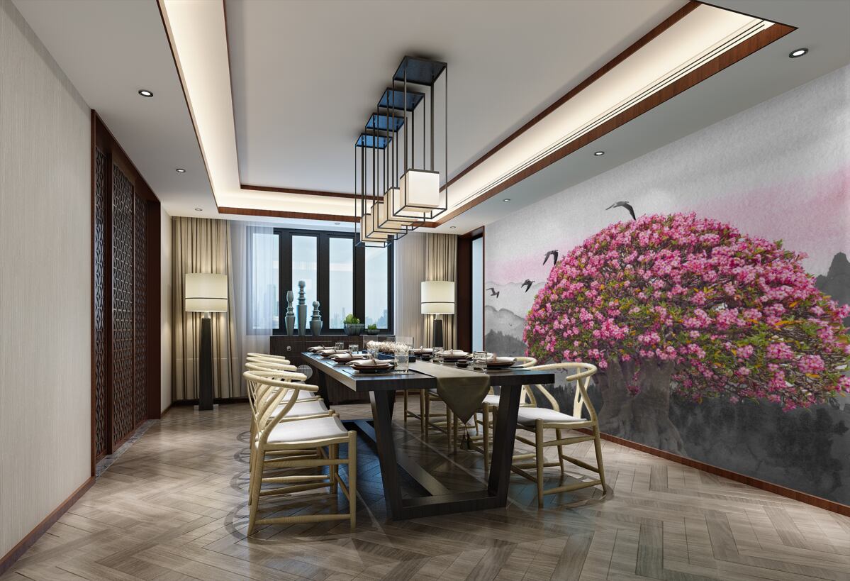 Fototapeta Ptaki latają nad kwitnącym drzewem