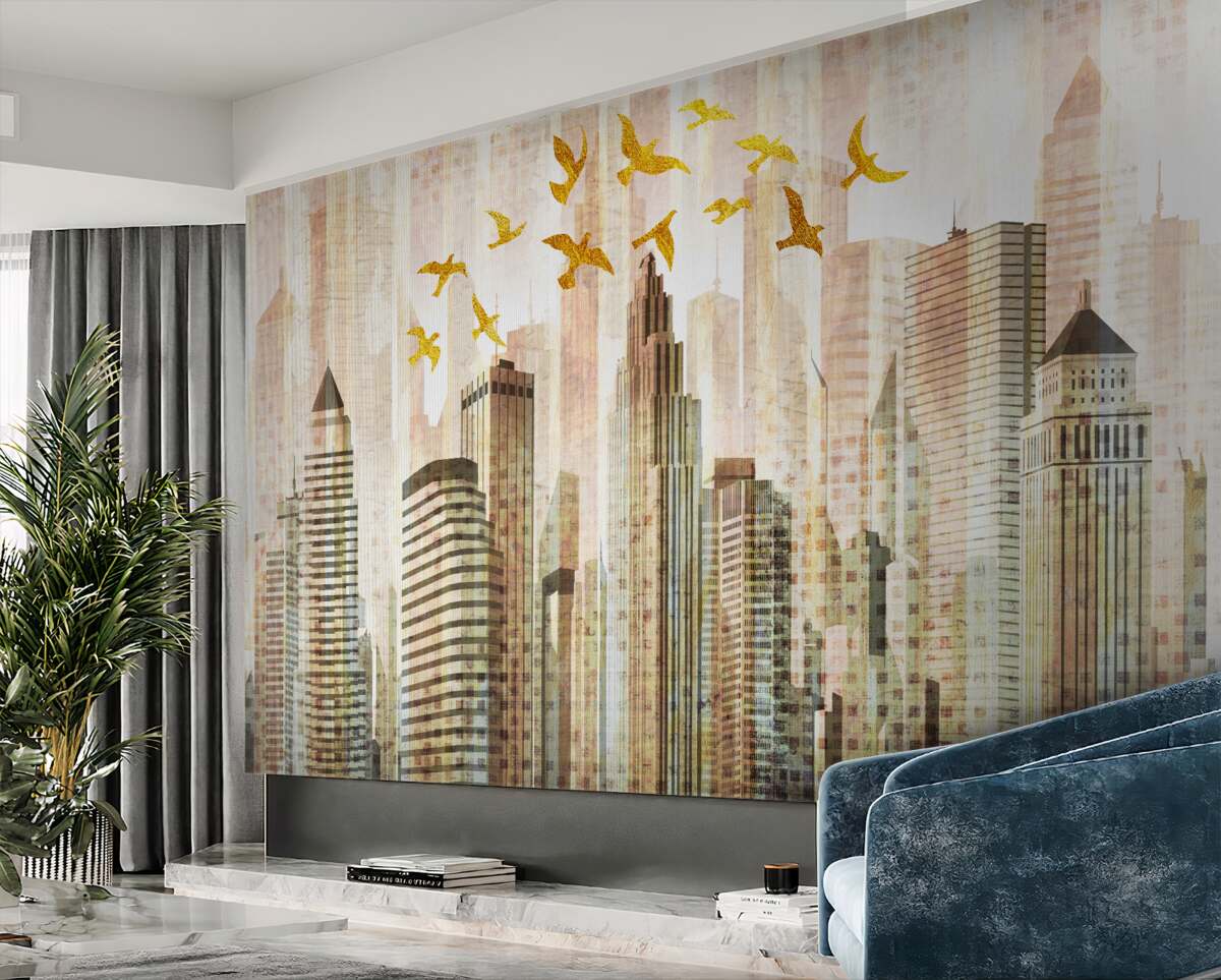 Fototapeta Ptaki nad wysokimi budynkami