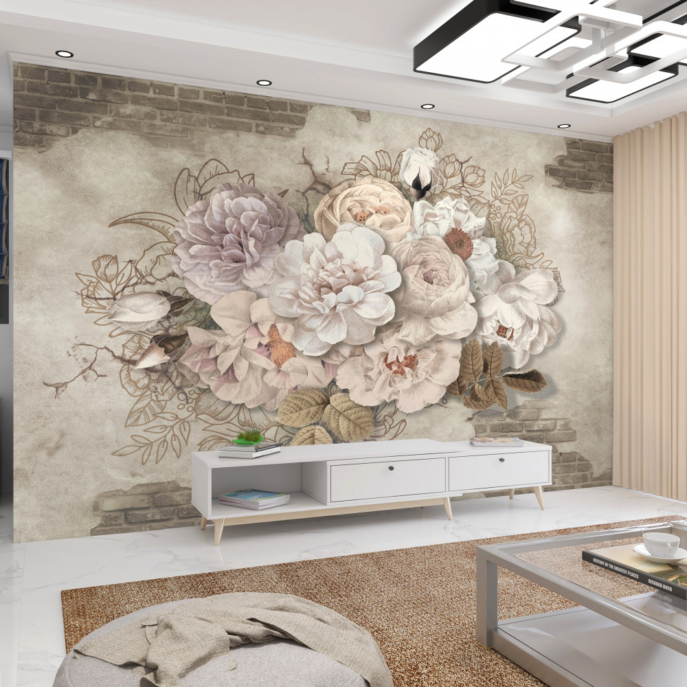 Fototapeta duże wspaniałe róże na ceglanym murze