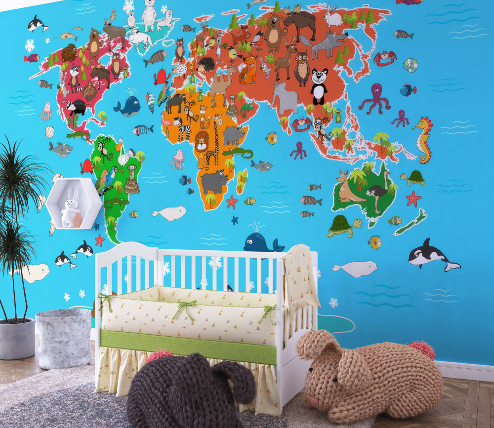 Fototapeta wiele zwierząt na szczegółowej mapie świata