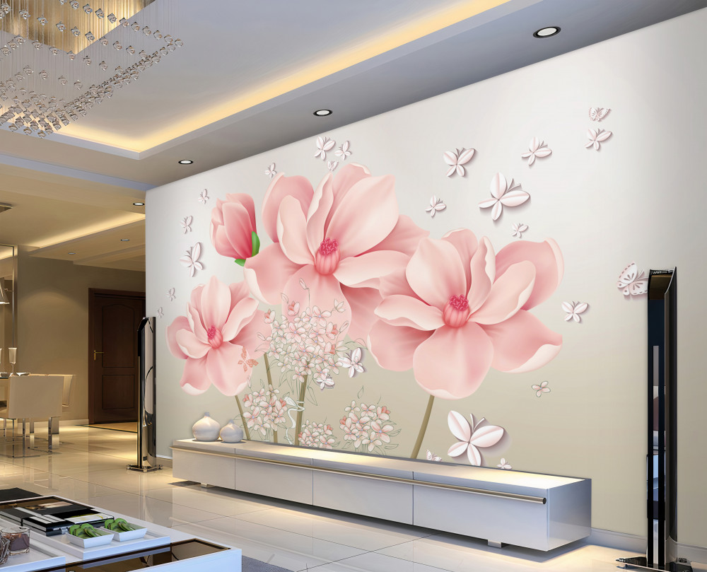 Fototapeta różowe kwiaty i stado białych motyli