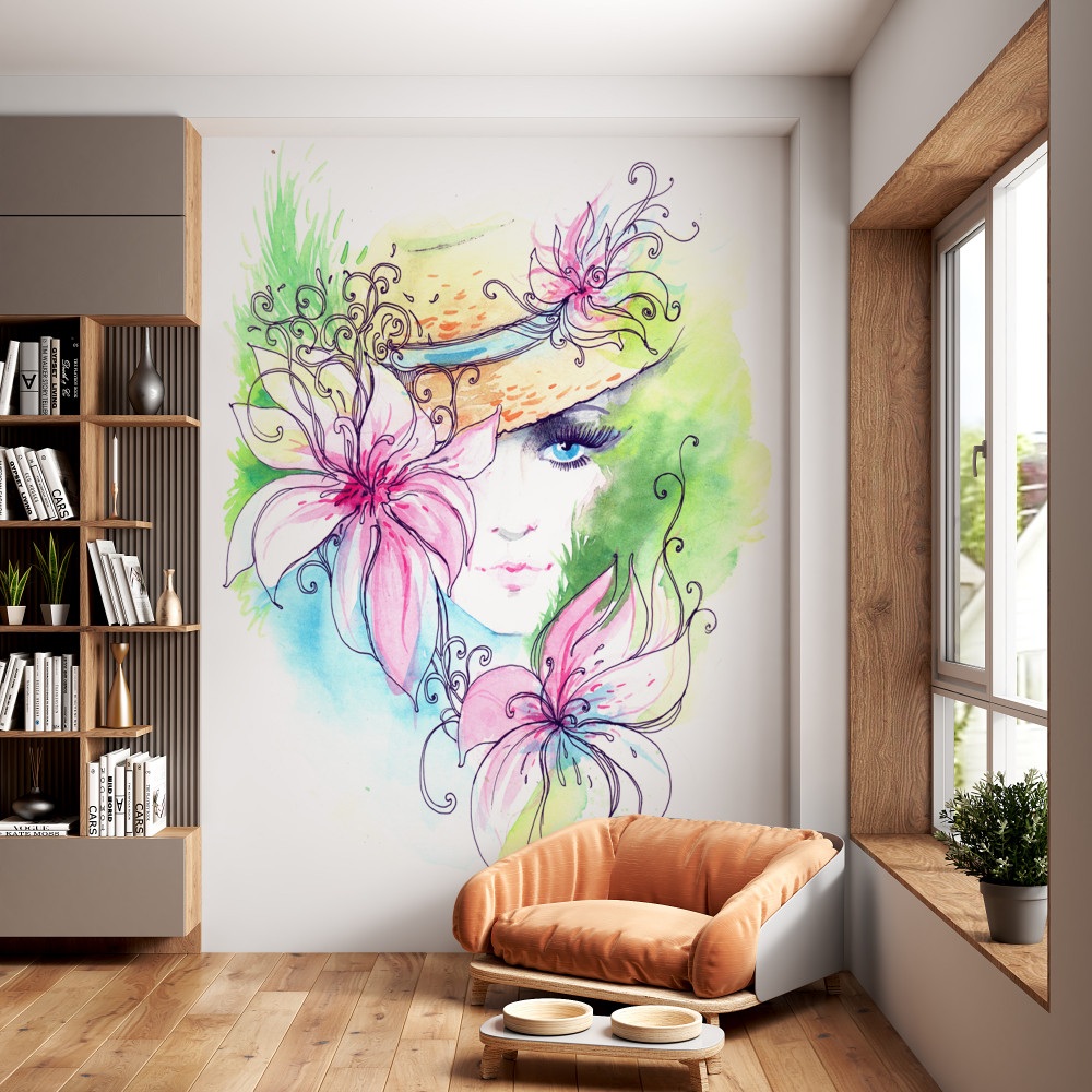 Fototapeta narysowany portret dziewczynki i kwiatów