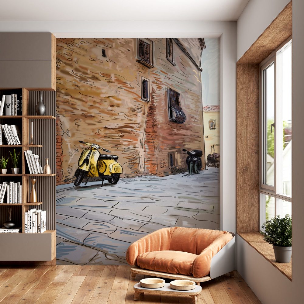 Fototapeta stara kamienna ulica i motorower