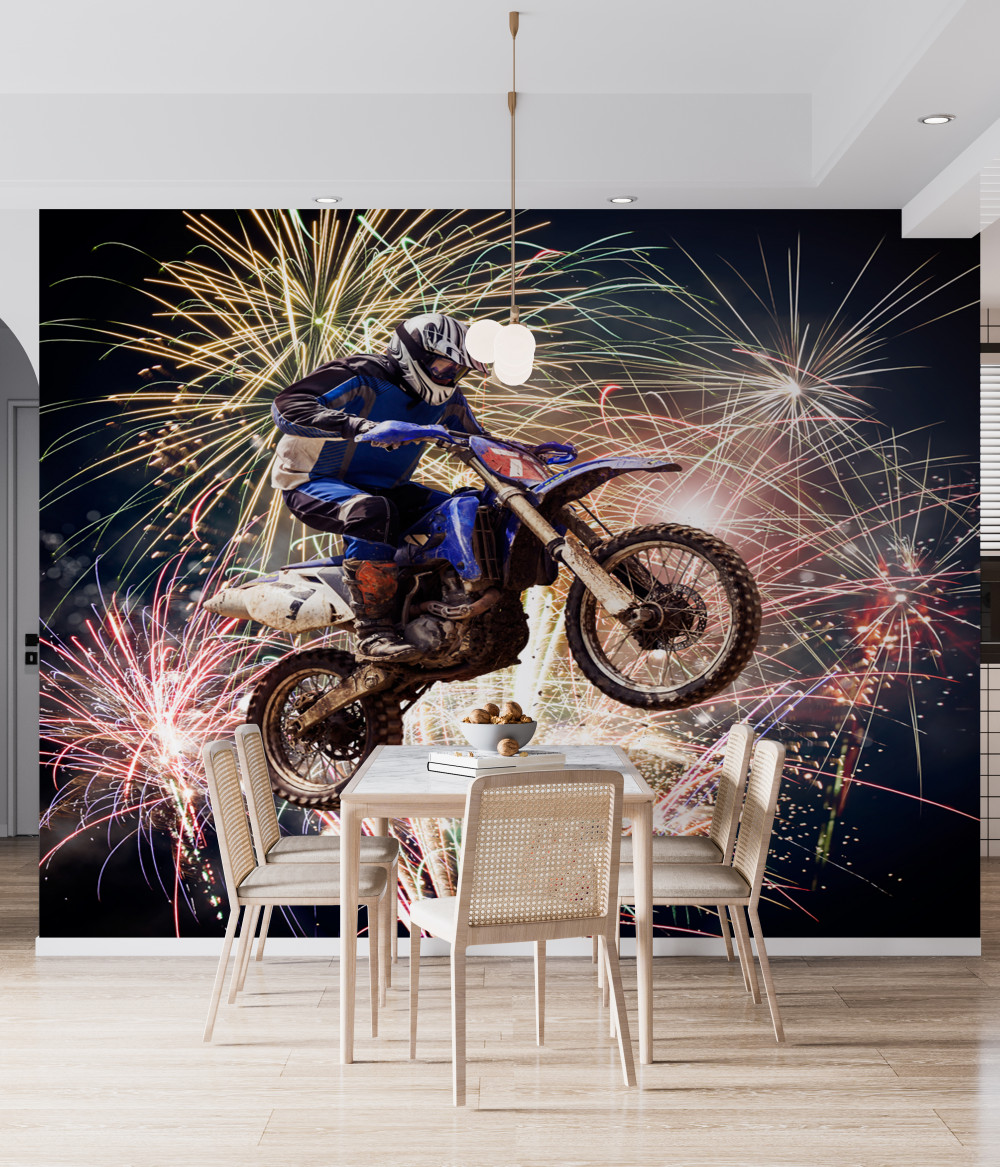 Fototapeta motocyklista na tle fajerwerków