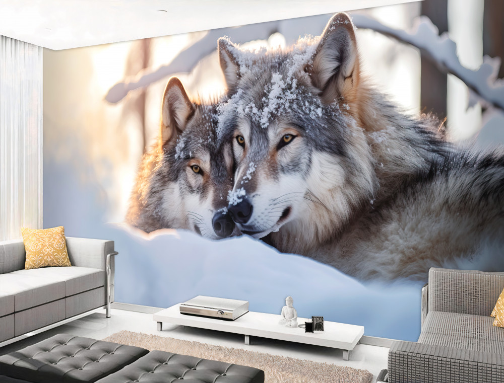 Fototapeta szare wilki wśród białego śniegu