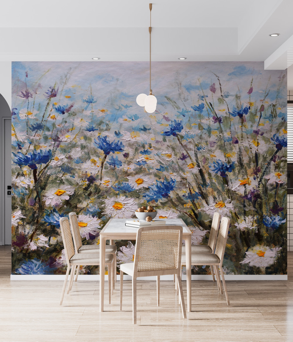 Fototapeta pole stokrotek łąkowych i niebieskich kwiatów